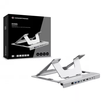 Conceptronic DONN35S Podstawka pod laptop z 7-w-1 stacją dokującą USB-C, Dual HDMI 4K60Hz, GbE, USB-C 5Gbps, 2x USB-A, 100W PD, Srebrny