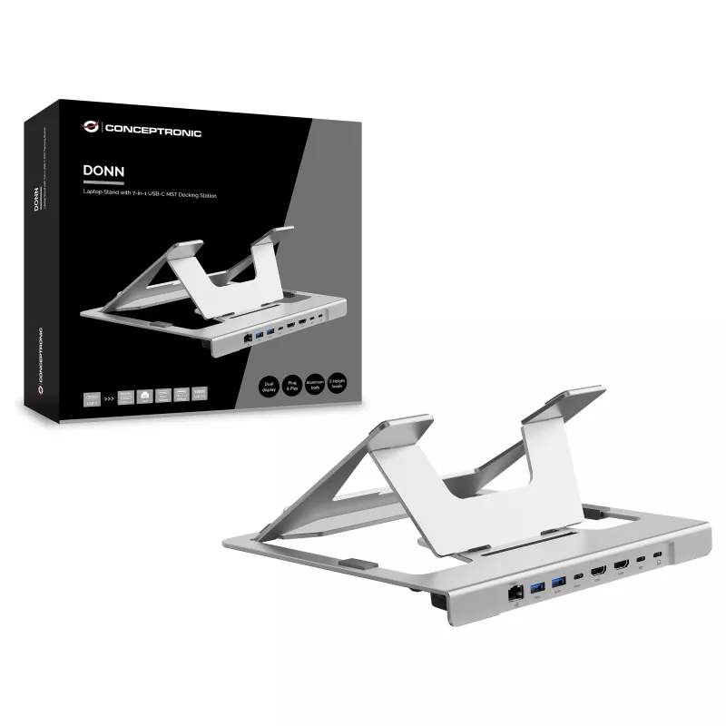Conceptronic DONN35S Podstawka pod laptop z 7-w-1 stacją dokującą USB-C, Dual HDMI 4K60Hz, GbE, USB-C 5Gbps, 2x USB-A, 100W PD, Srebrny