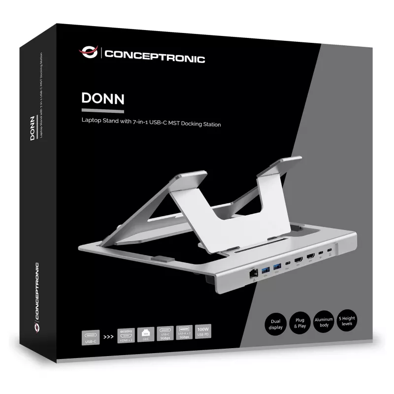 Conceptronic DONN35S Podstawka pod laptop z 7-w-1 stacją dokującą USB-C, Dual HDMI 4K60Hz, GbE, USB-C 5Gbps, 2x USB-A, 100W PD, Srebrny