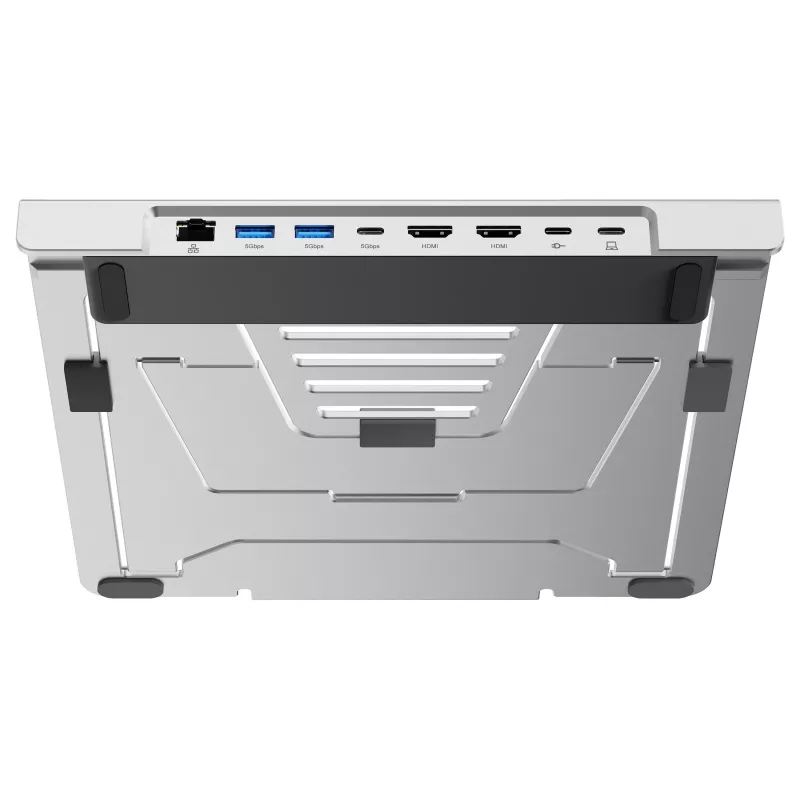 Conceptronic DONN35S Podstawka pod laptop z 7-w-1 stacją dokującą USB-C, Dual HDMI 4K60Hz, GbE, USB-C 5Gbps, 2x USB-A, 100W PD, Srebrny