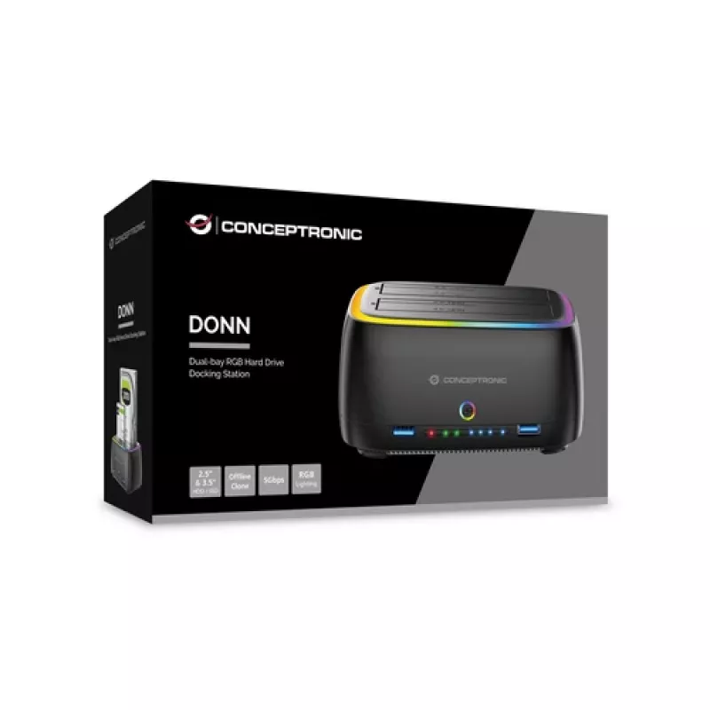 Conceptronic DONN36B 2-Bay SATA HDD/SSD Docking Station, USB 3.0, 2x USB-A, Czarny
