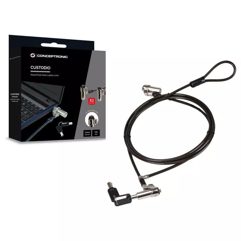 Conceptronic NBT Nano-Lock Podwójna Linka Zabezpieczająca do Laptopa, 4-cyfrowa, 1.8m Linka Stalowa, Czarny/Srebrny