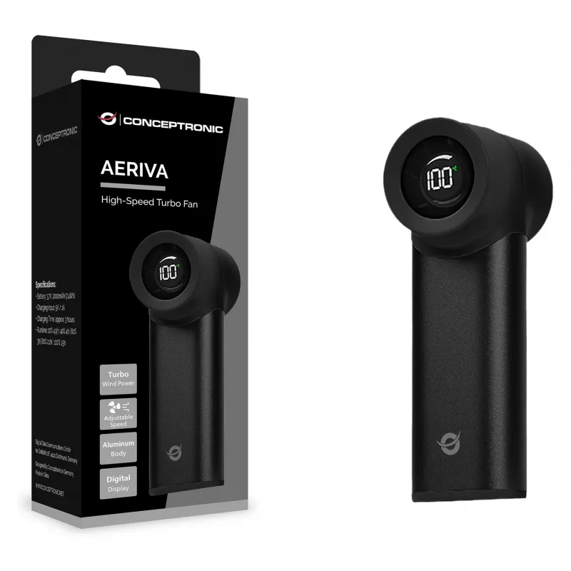 CONCEPTRONIC Turbo Wentylator Ręczny Czarny USB-C do USB-A Aluminiowy 5V 3-biegowy Ładowalny 2000mAh
