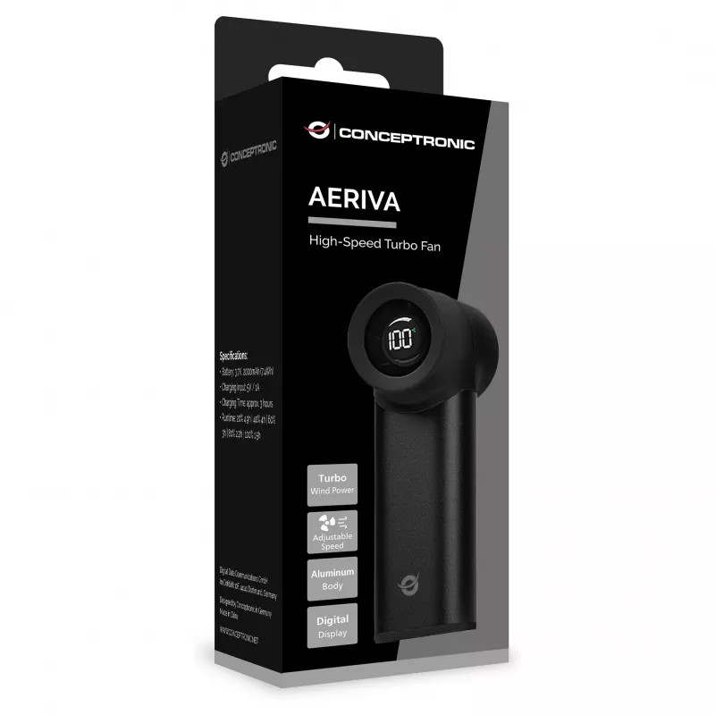 CONCEPTRONIC Turbo Wentylator Ręczny Czarny USB-C do USB-A Aluminiowy 5V 3-biegowy Ładowalny 2000mAh