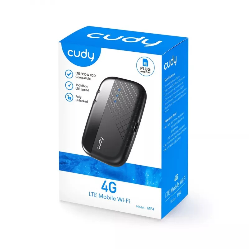 Cudy MF4 4G LTE mobilny router Wi-Fi hotspot, 300 Mbps jednopasmowy 2.4 GHz, do 10 urządzeń, bateria 2000 mAh, czarny