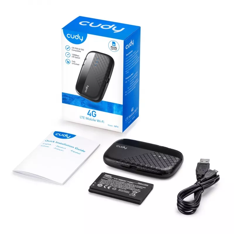 Cudy MF4 4G LTE mobilny router Wi-Fi hotspot, 300 Mbps jednopasmowy 2.4 GHz, do 10 urządzeń, bateria 2000 mAh, czarny