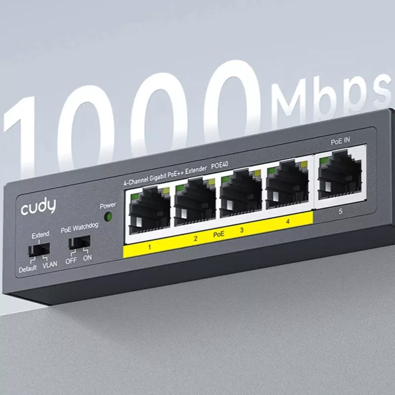 CUDY POE40 4-portowy przełącznik/rozszerzacz PoE z 1 portem uplink, 802.3af/at, 250m Extend, metalowa obudowa