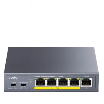 CUDY POE40 4-portowy przełącznik/rozszerzacz PoE z 1 portem uplink, 802.3af/at, 250m Extend, metalowa obudowa