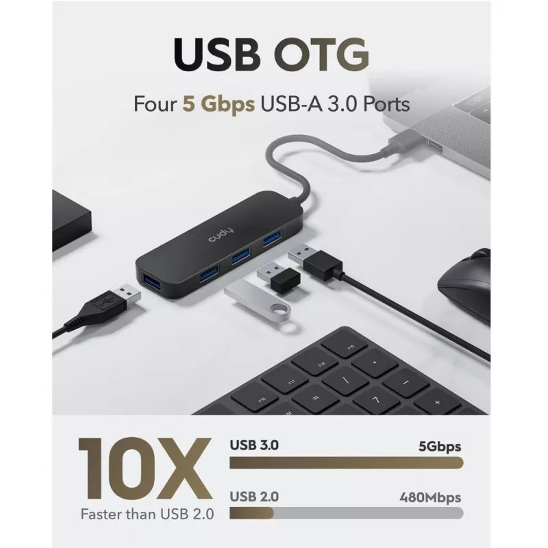 Cudy UH40A PortMate USB-A do 4-portowego koncentratora USB 3.0 5Gbps Tylko dane Plastik Kompakt Czarny