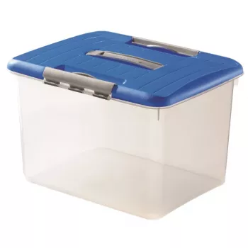 CURVER Hobby Optima 30L Pojemnik do przechowywania z pokrywką i uchwytem, przezroczysta podstawa z niebieską pokrywką, 42,8 x 34 x 28,1 cm