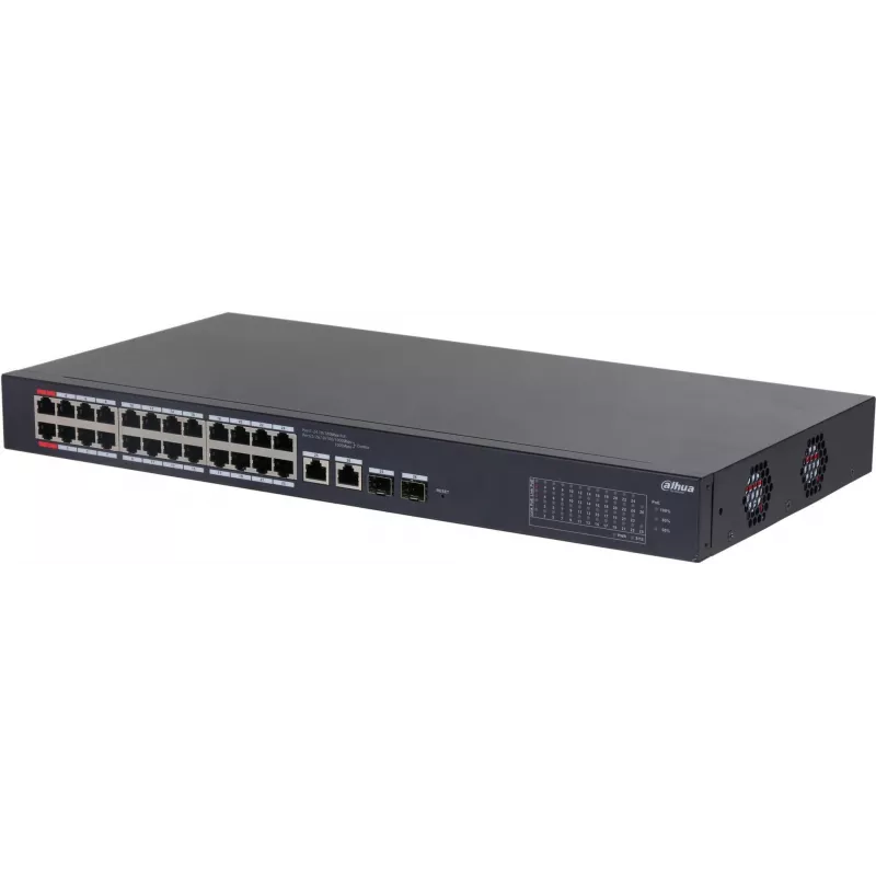 DAHUA CS4226-24ET-375 26-portowy zarządzalny przełącznik PoE+ warstwy 2+ z 24 portami Gigabit PoE+, 2 uplinkami SFP, budżetem 375W, bez wentylatora, do szafy RACK