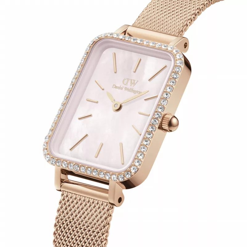 DANIEL WELLINGTON Quadro Zegarek damski DW00100669 - Koperta ze stali szlachetnej w kolorze różowego złota 20 mm, czarny skórzany pasek