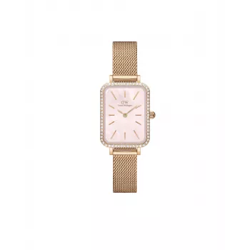 DANIEL WELLINGTON Quadro Zegarek damski DW00100669 - Koperta ze stali szlachetnej w kolorze różowego złota 20 mm, czarny skórzany pasek