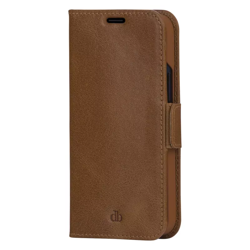 DBRAMANTE 1928 Copenhagen Slim Flip Case do Apple iPhone 13 Pro Max, skóra pełnoziarnista, jasnobrązowy, zapięcie magnetyczne, 3 kieszenie na karty, funkcja stojaka, obsługa ładowania bezprzewodowego