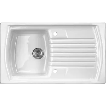 DEANTE 1-Bowl Ceramic Kitchen Sink with Drainer, White, 590x460 mm