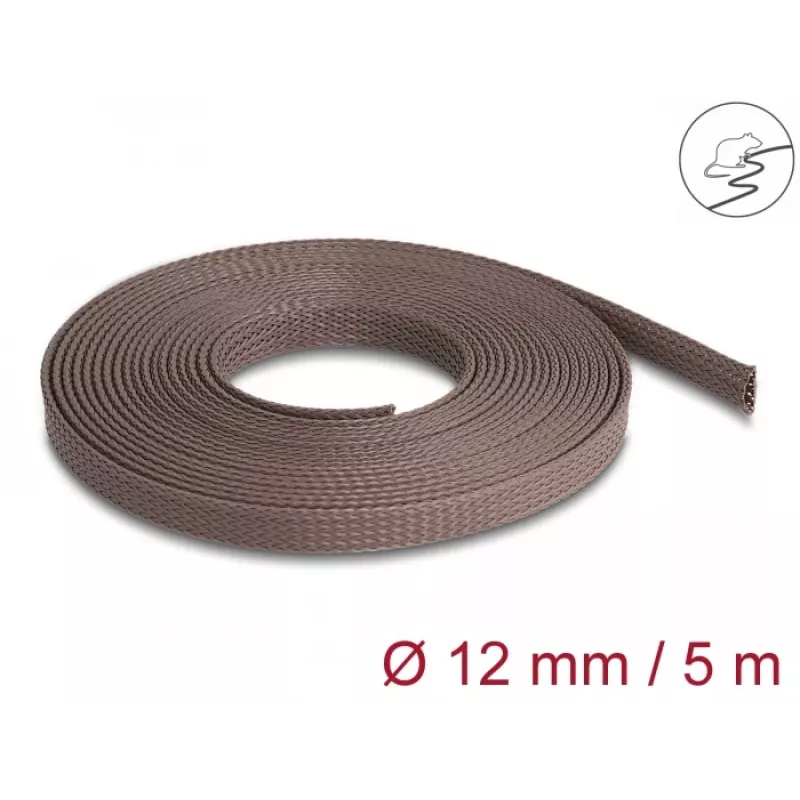 Rękaw do zarządzania kablami Delock, 12 mm, pleciony, odporny na gryzonie, rozciągliwy, 5 m, brązowy