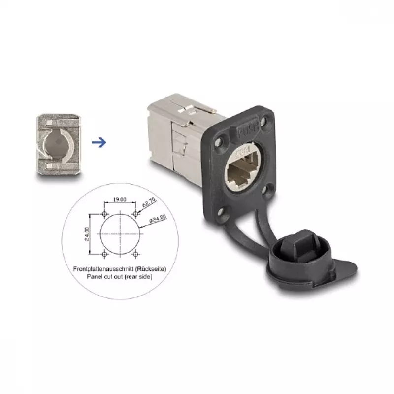 Delock D-Type RJ45 Panel Mount Jack Cat.6A STP z zaciskiem LSA i osłoną IP66