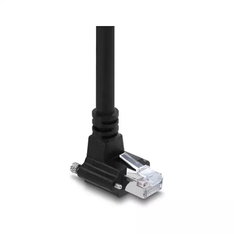 Delock GigE Camera Cable Cat.6 S/FTP 3m, RJ45 90° Angled Plug with Screws (28mm) do RJ45 Straight Plug, Czarny