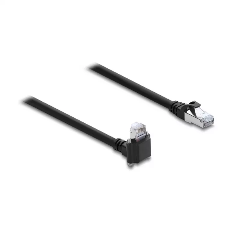 Delock GigE Camera Cable RJ45 Male 90° Angled with Screws, 28 mm Connector Length to RJ45 Male Cat.6 S/FTP 1 m Black