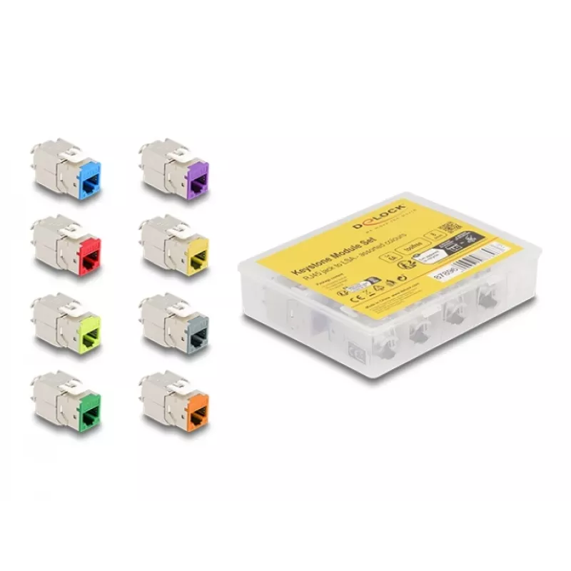 Moduł keystone Delock RJ-45 żeński na LSA żeński STP CAT 6a, 8 szt. (szary, niebieski, żółty, czerwony, zielony, pomarańczowy, fioletowy, neonowo-żółty) 87896