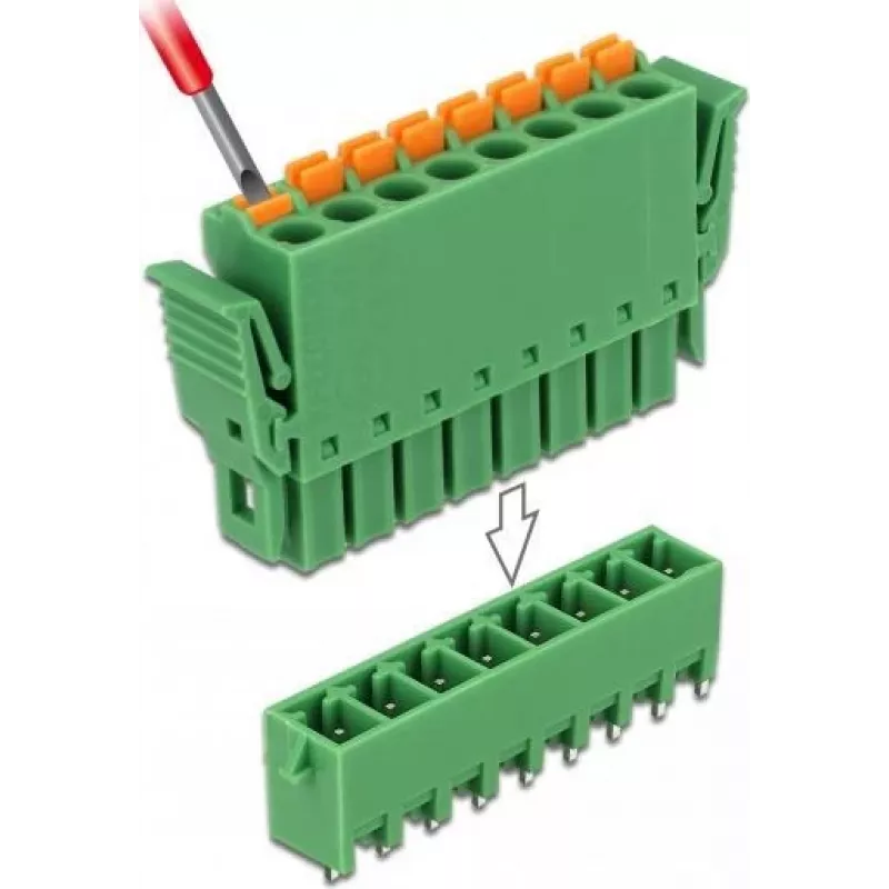 Delock Zestaw Złączy Zaciskowych PCB 8-pinowych, Raster 3,81 mm, Pionowy, Zielony (10 sztuk) 65974