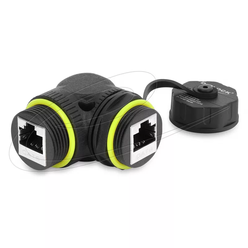 Delock Złączka RJ45 kat.6 żeńska na żeńską z gwintem M23 x 1.5 mm i nasadką ochronną, kątowa 90°, IP68, czarna