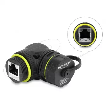 Delock Złączka RJ45 kat.6 żeńska na żeńską z gwintem M23 x 1.5 mm i nasadką ochronną, kątowa 90°, IP68, czarna
