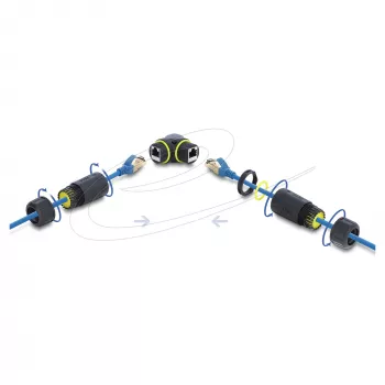 Delock RJ45 żeński do RJ45 żeński łącznik Cat.6 z gwintem M23 x 1,5 mm, kątowy 90°, pyłoszczelny i wodoszczelny IP68, czarny