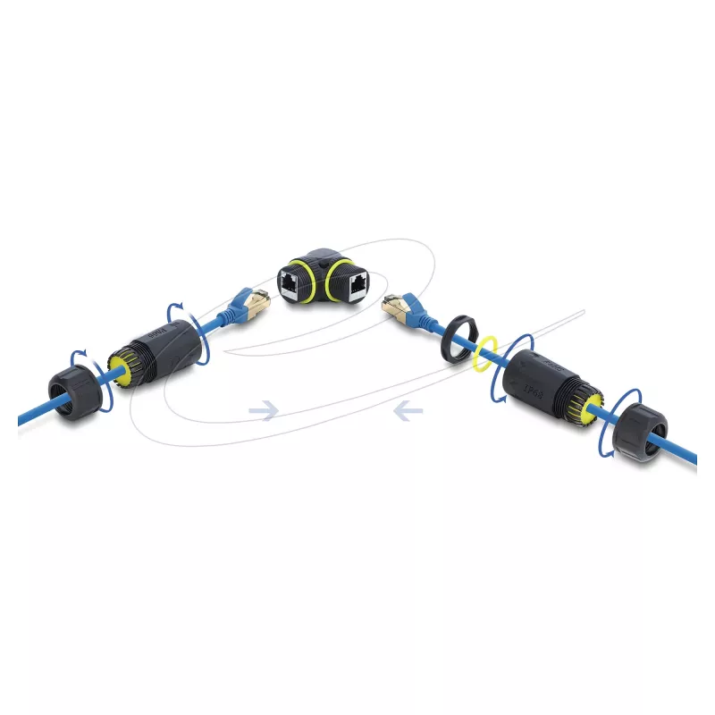 Delock RJ45 żeński do RJ45 żeński łącznik Cat.6 z gwintem M23 x 1,5 mm, kątowy 90°, pyłoszczelny i wodoszczelny IP68, czarny