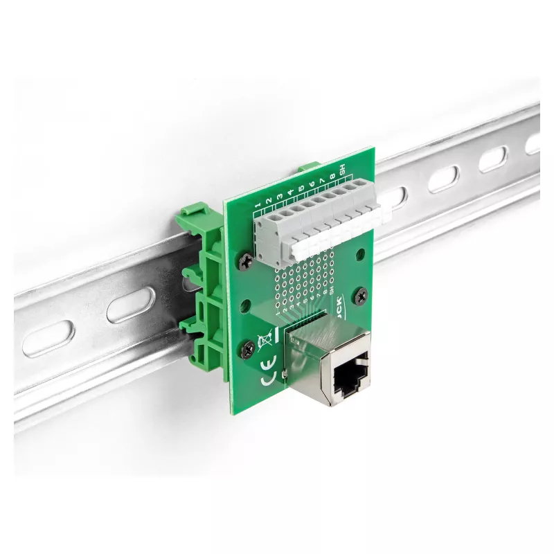 Delock RJ45 Jack to Terminal Block z przyciskiem do szyny DIN pod kątem (66993)