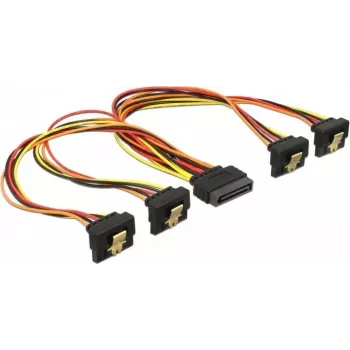 DeLOCK kabel rozdzielający zasilanie SATA - 15-pinowe złącze męskie proste do 15-pinowego żeńskiego kątowego, 15cm, 3,3/5/12V, zatrzaskowe, czarno-żółto-czerwono-pomarańczowy 60167