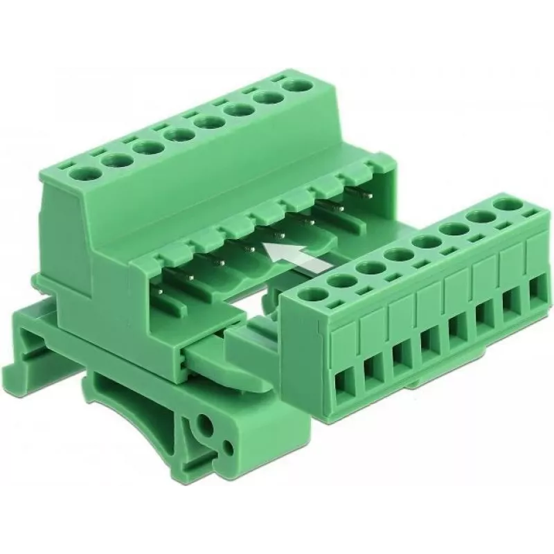 Zestaw złącz śrubowych DeLOCK na szynę DIN, 8-pin, raster 5,08 mm, kątowy, zielony