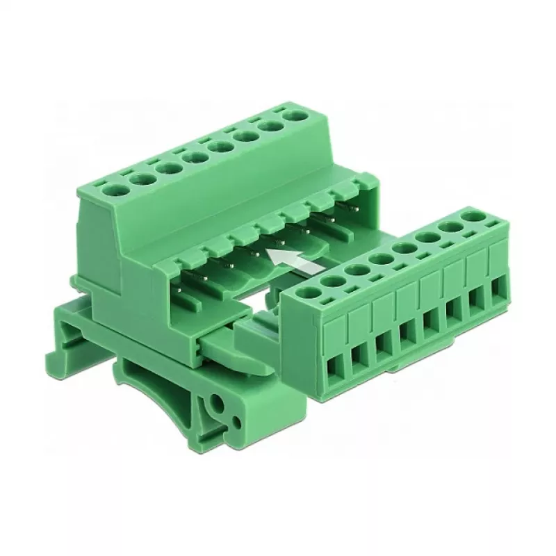 Zestaw złącz śrubowych DeLOCK na szynę DIN, 8-pin, raster 5,08 mm, kątowy, zielony