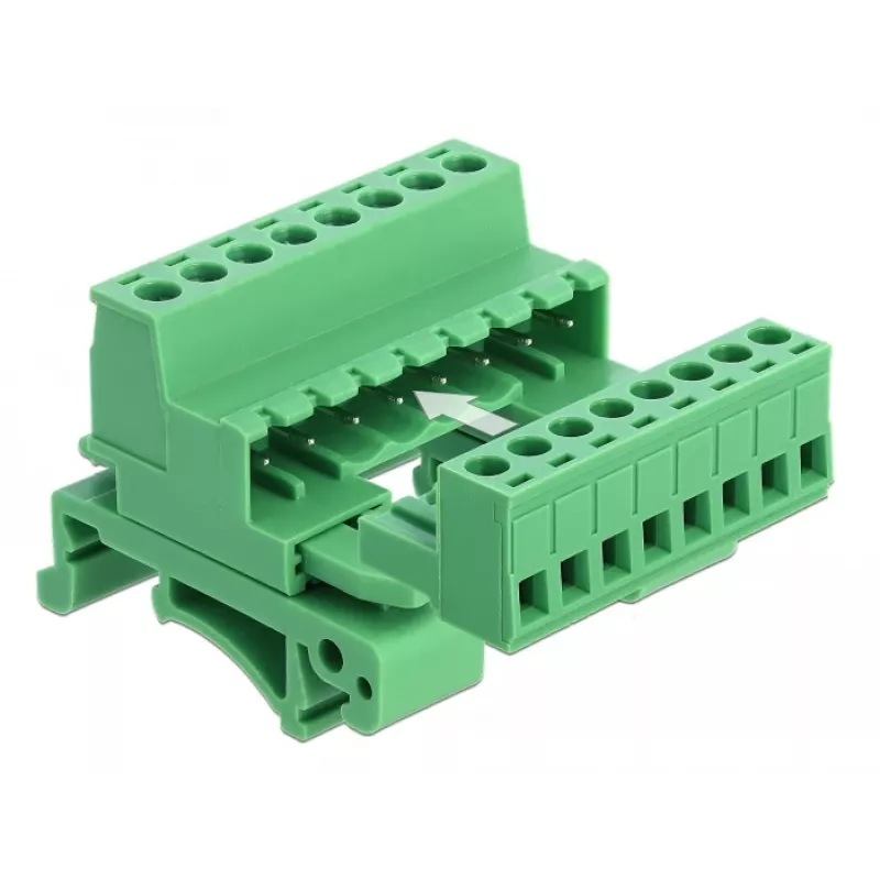 Zestaw złącz śrubowych DeLOCK na szynę DIN, 8-pin, raster 5,08 mm, kątowy, zielony