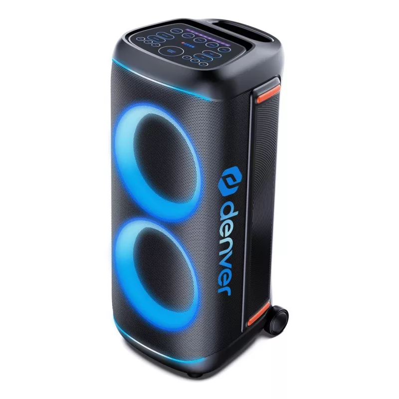 Denver BPS-470 Bluetooth Party Speaker z Karaoke, 2000W PMPO, 20W RMS, Oświetlenie LED, Radio FM, TWS, Mikrofon w zestawie, Czarny