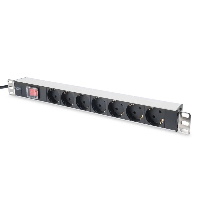 DIGITUS DN-95402 1U Aluminiowa PDU z przełącznikiem, 7x gniazda Schuko, 16A, 4000W, listwa zasilająca do szafy