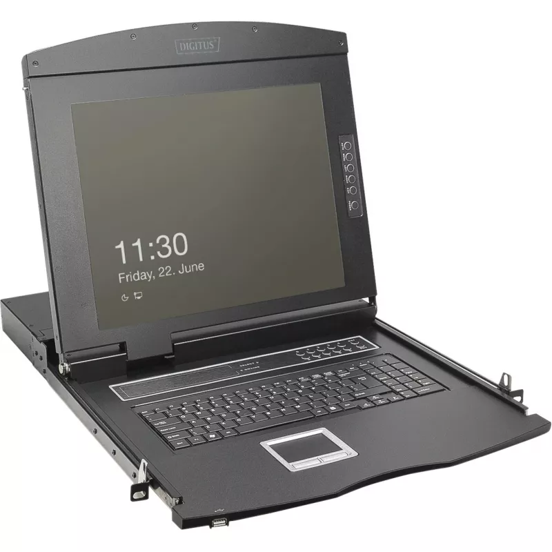DIGITUS Modułowa konsola KVM 19-calowa HD LCD z 8-portowym przełącznikiem KVM HDMI, touchpadem, niemieckim układem klawiatury