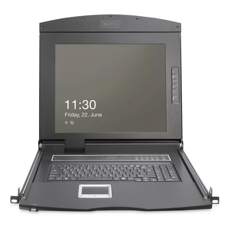 DIGITUS Modułowa konsola KVM 19-calowa HD LCD z 8-portowym przełącznikiem KVM HDMI, touchpadem, niemieckim układem klawiatury