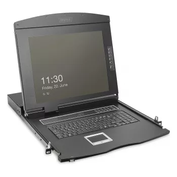 DIGITUS Modułowa konsola KVM 19-calowa HD LCD z 8-portowym przełącznikiem KVM HDMI, touchpadem, niemieckim układem klawiatury