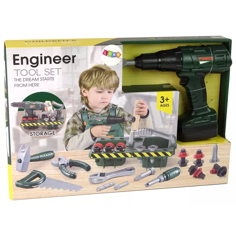 Zestaw majsterkowicza z wkrętarką na baterie i organizerem, zielony, 13473 Lean Toys