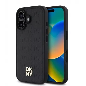 DKNY Apple iPhone 16 Plus PU Skórzane Etui MagSafe z Powtarzalnym Wzorem Logo Stack – Czarny