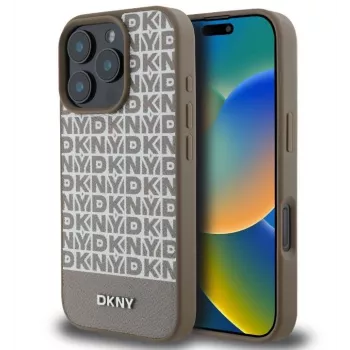 DKNY Apple iPhone 16 Pro Max PU Skórzane etui z powtarzalnym wzorem i dolnym paskiem MagSafe Brązowy