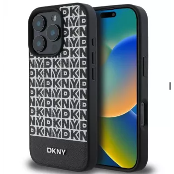 DKNY Apple iPhone 16 Pro Max PU Skórzane Etui z Powtarzającym się Wzorem i Dolnym Paskiem MagSafe Czarny