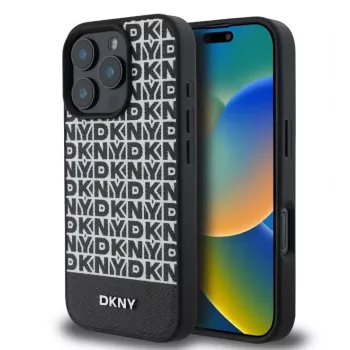 DKNY Apple iPhone 16 Pro PU Skórzana Etui z Powtarzalnym Wzorem i Dolnym Paskiem MagSafe Czarny