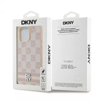 DKNY Skórzane etui w kratkę mono i drukowane paski do iPhone 14 Pro Max - Różowe