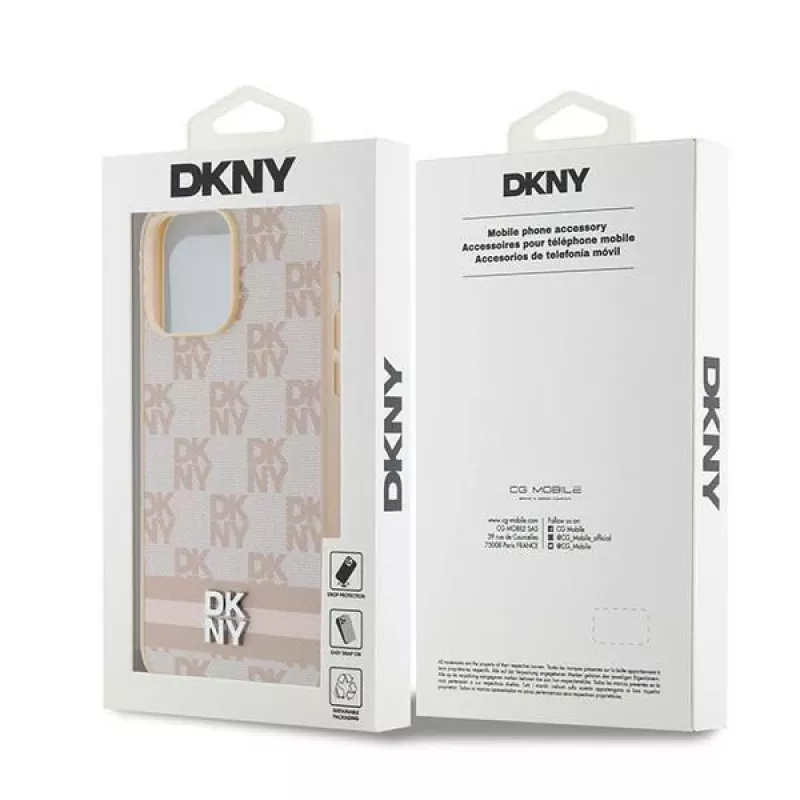 DKNY Skórzane etui w kratkę mono i drukowane paski do iPhone 14 Pro Max - Różowe