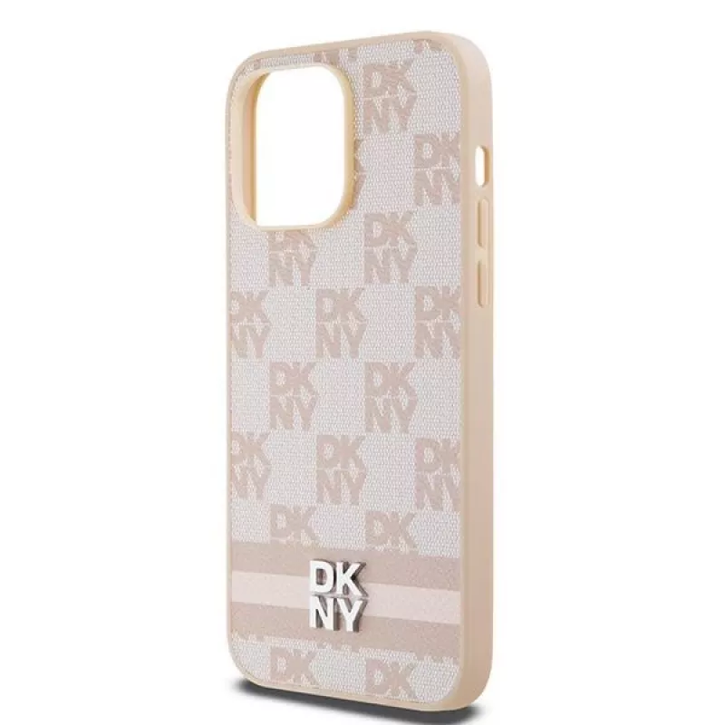 DKNY Skórzane etui w kratkę mono i drukowane paski do iPhone 14 Pro Max - Różowe