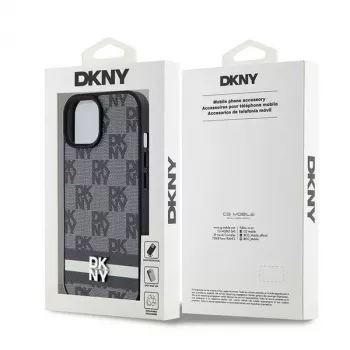 Etui DKNY ze skóry w kratkę i wzór mono z nadrukowanymi paskami do iPhone 15/14/13 - Czarny