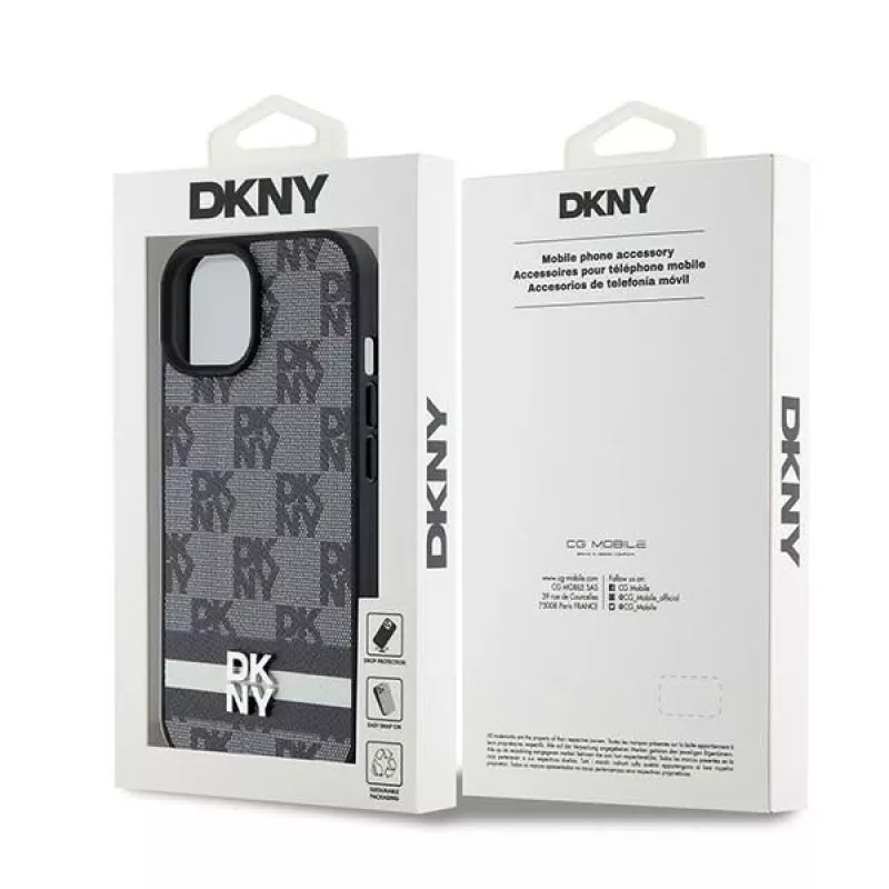Etui DKNY ze skóry w kratkę i wzór mono z nadrukowanymi paskami do iPhone 15/14/13 - Czarny