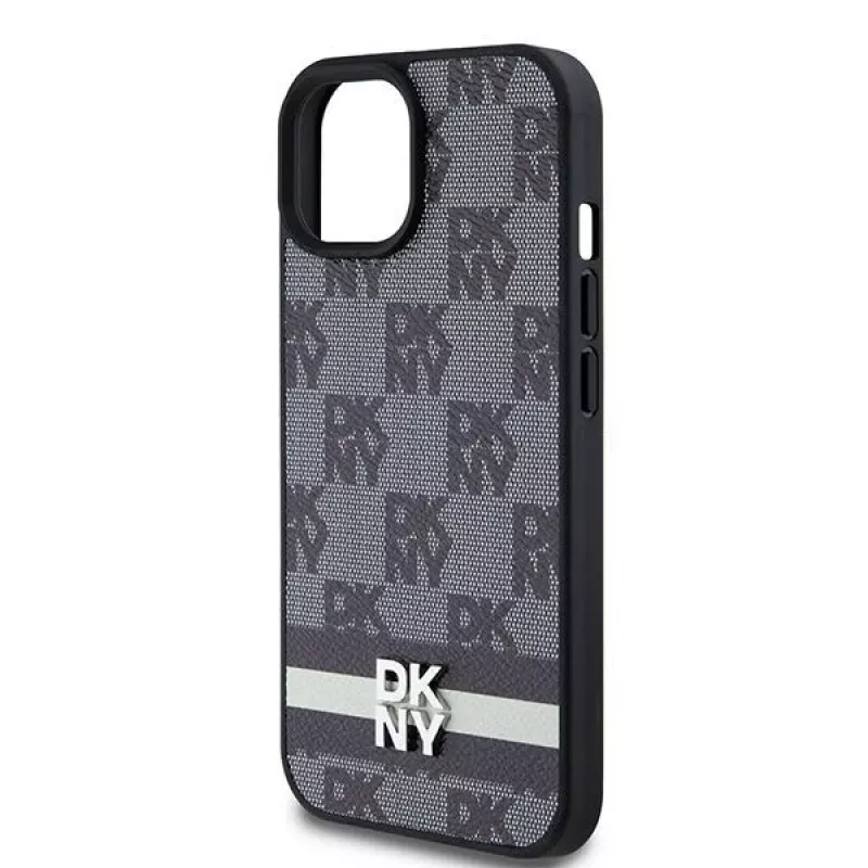 Etui DKNY ze skóry w kratkę i wzór mono z nadrukowanymi paskami do iPhone 15/14/13 - Czarny